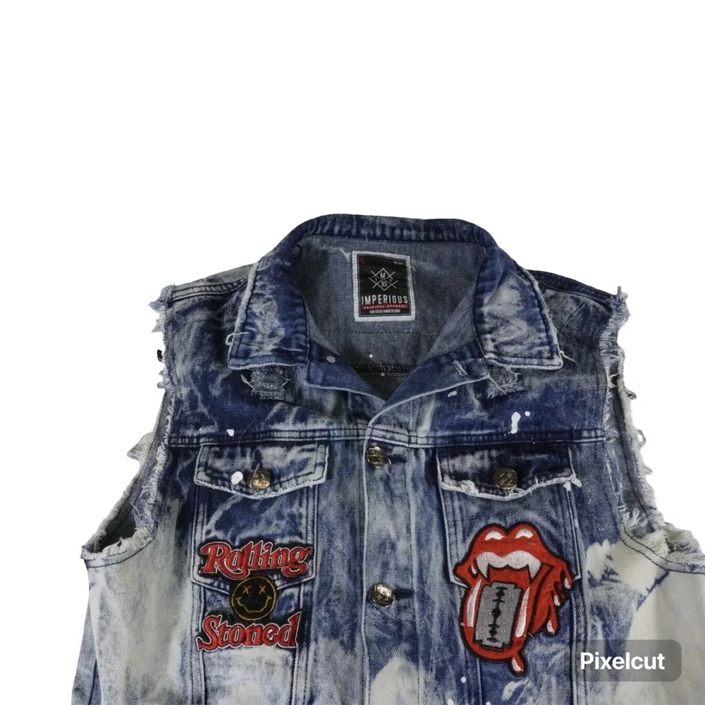 Imperious Denim Vest Men's Large Rolling Stones Patch Acid Wash Distressed Punk‎